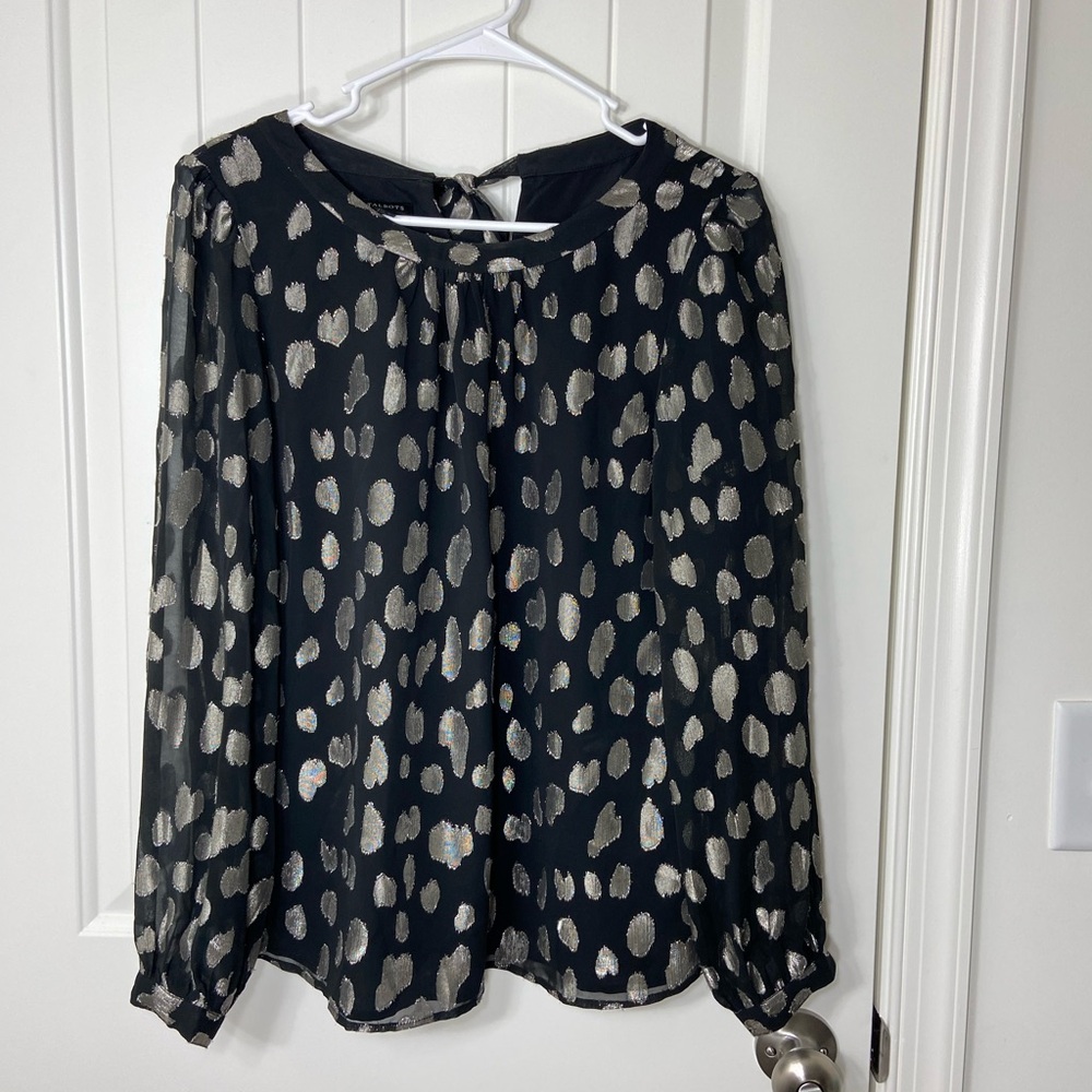 NWOT‎ Talbots women’s black sheer sleeve silver metallic spotted blouse medium